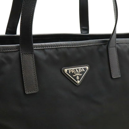Prada Triangle Logo Tote Large Shoulder Bag Nylon Enamel Leather Nero Black