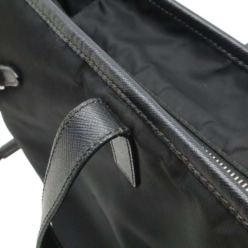 Prada Triangle Logo Tote Large Shoulder Bag Nylon Enamel Leather Nero Black