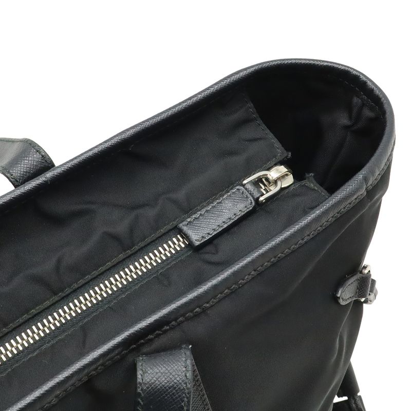 Prada Triangle Logo Tote Large Shoulder Bag Nylon Enamel Leather Nero Black