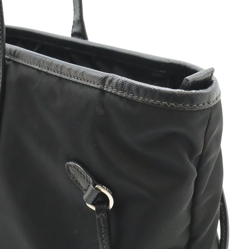 Prada Triangle Logo Tote Large Shoulder Bag Nylon Enamel Leather Nero Black