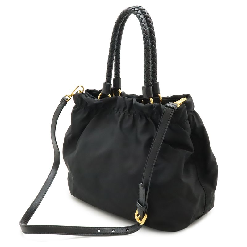 Prada Ribbon Braided Tote 2-Way Shoulder Bag Nylon Nero Black Gold