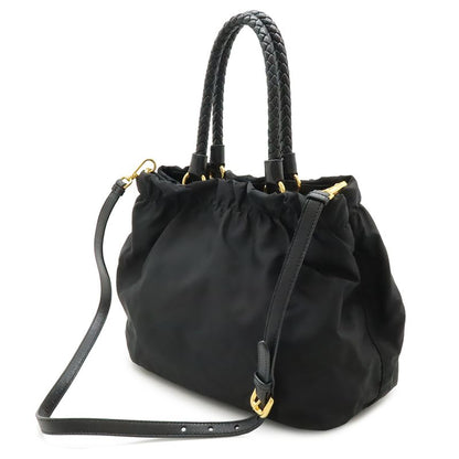 Prada Ribbon Braided Tote 2-Way Shoulder Bag Nylon Nero Black Gold
