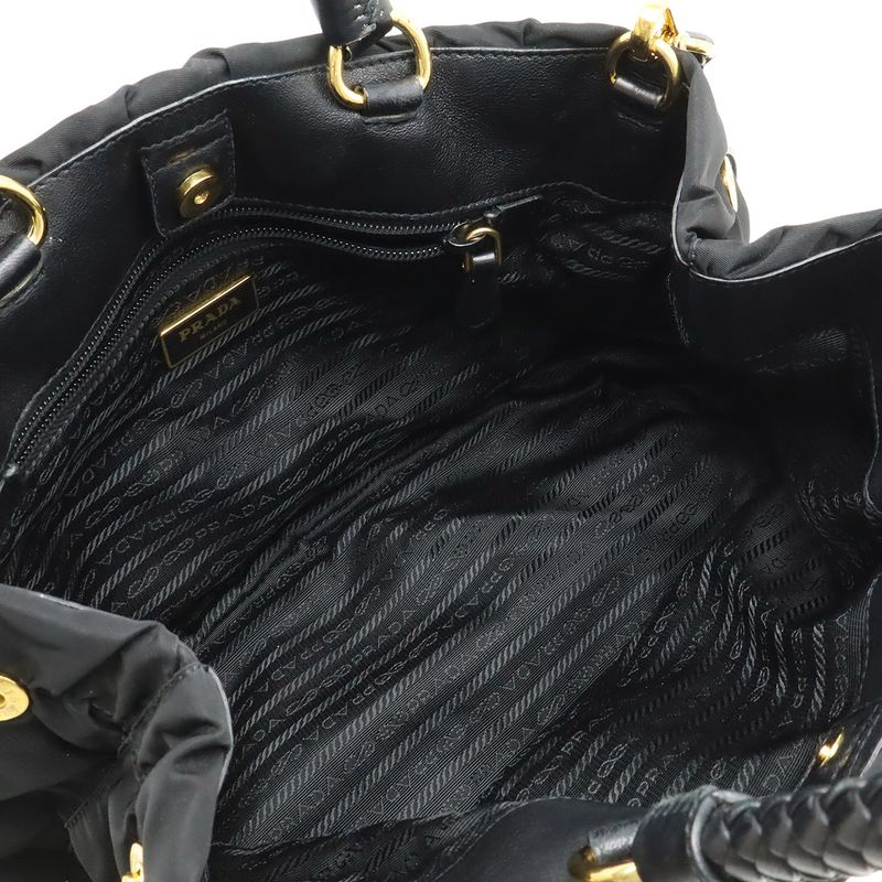 Prada Ribbon Braided Tote 2-Way Shoulder Bag Nylon Nero Black Gold