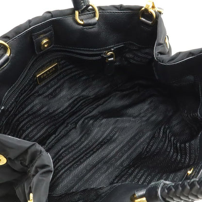 Prada Ribbon Braided Tote 2-Way Shoulder Bag Nylon Nero Black Gold