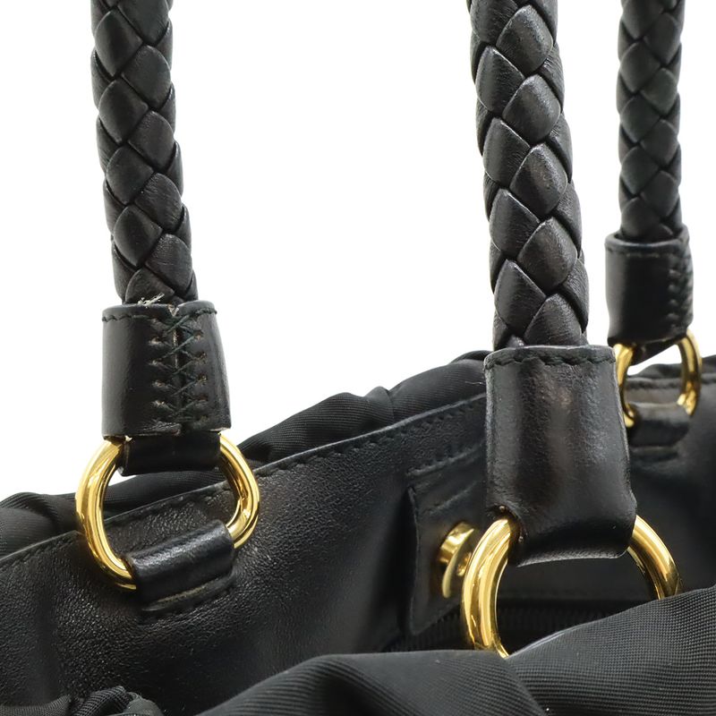 Prada Ribbon Braided Tote 2-Way Shoulder Bag Nylon Nero Black Gold