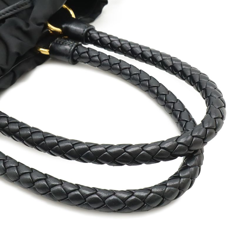 Prada Ribbon Braided Tote 2-Way Shoulder Bag Nylon Nero Black Gold