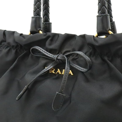 Prada Ribbon Braided Tote 2-Way Shoulder Bag Nylon Nero Black Gold