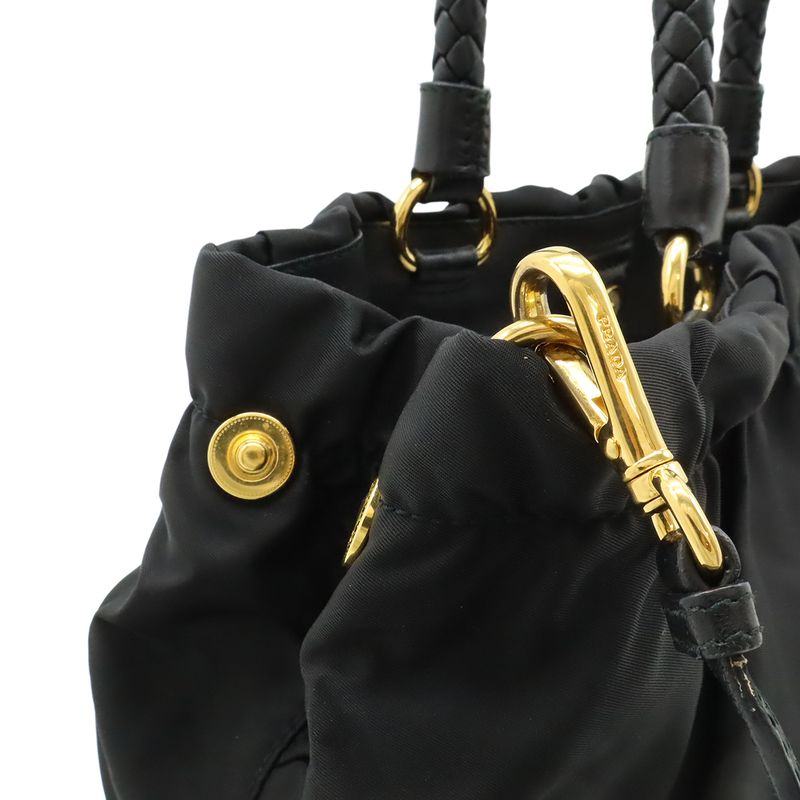 Prada Ribbon Braided Tote 2-Way Shoulder Bag Nylon Nero Black Gold