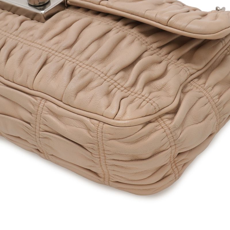 Prada Nappa Gaufre Shoulder Bag Chain Gathered Leather Beige Silver