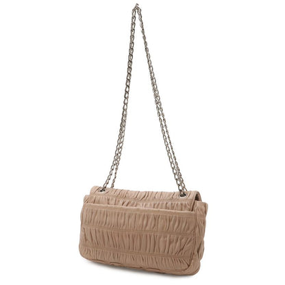 Prada Nappa Gaufre Shoulder Bag Chain Gathered Leather Beige Silver