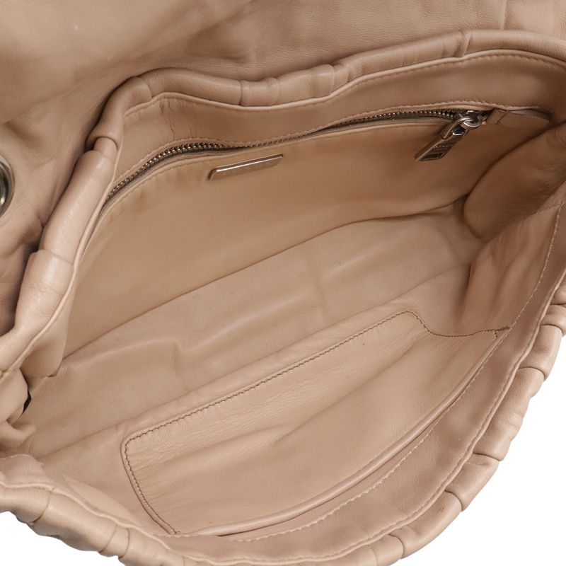 Prada Nappa Gaufre Shoulder Bag Chain Gathered Leather Beige Silver