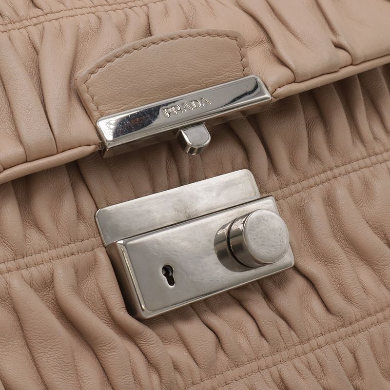 Prada Nappa Gaufre Shoulder Bag Chain Gathered Leather Beige Silver
