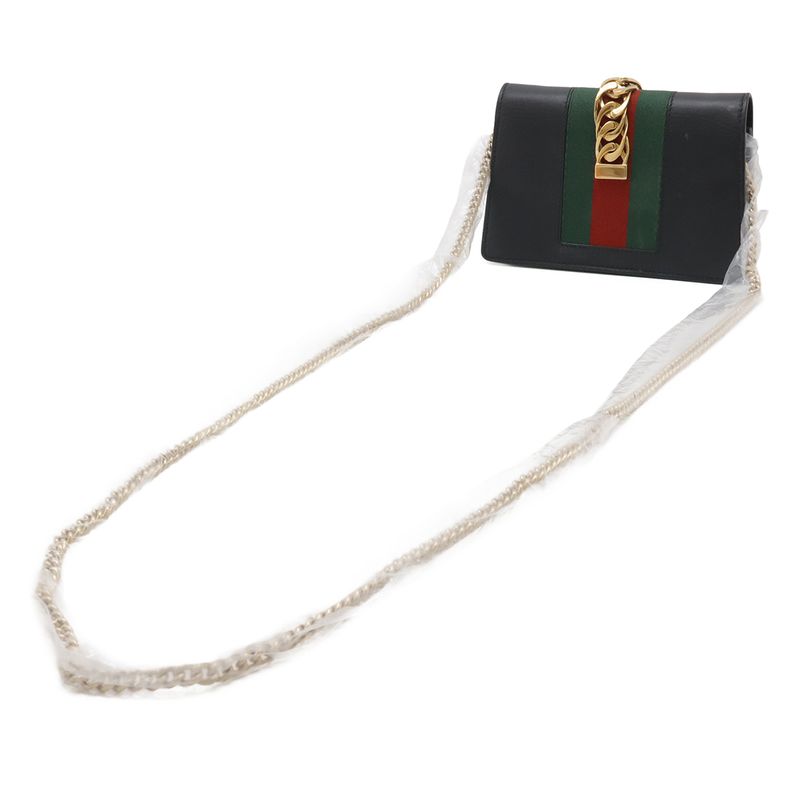 Gucci Sylvie Web Line Mini Chain Shoulder Bag Pochette 2-Way Clutch Leather