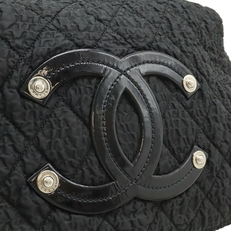 Chanel CC Logo Chain Shoulder Bag Gather Nylon Enamel Black Silver