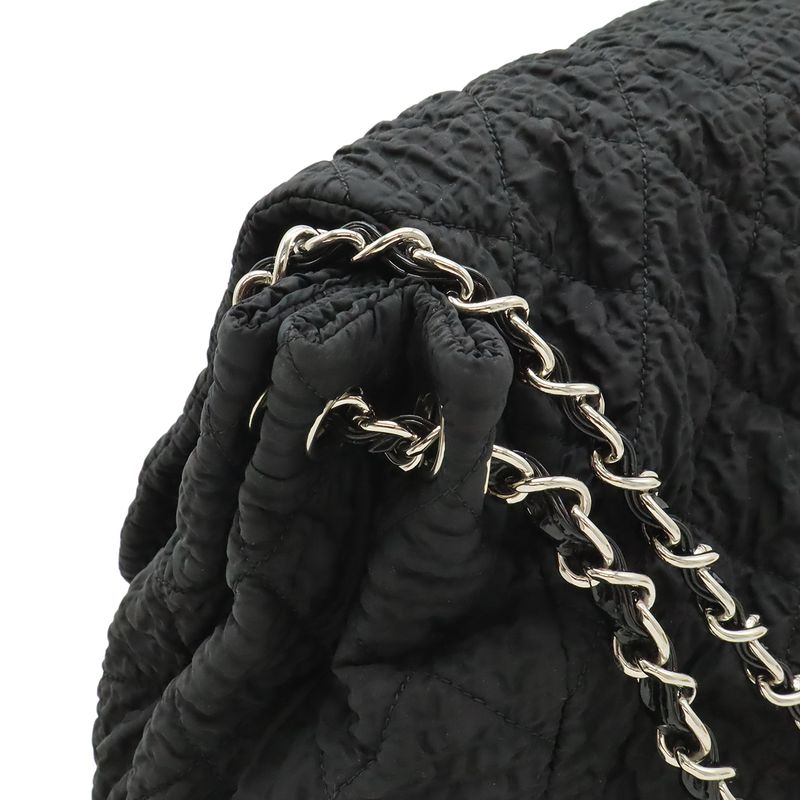 Chanel CC Logo Chain Shoulder Bag Gather Nylon Enamel Black Silver