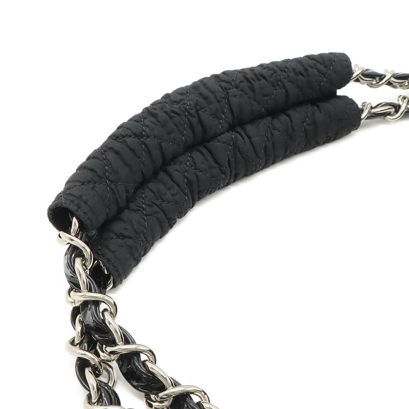 Chanel CC Logo Chain Shoulder Bag Gather Nylon Enamel Black Silver