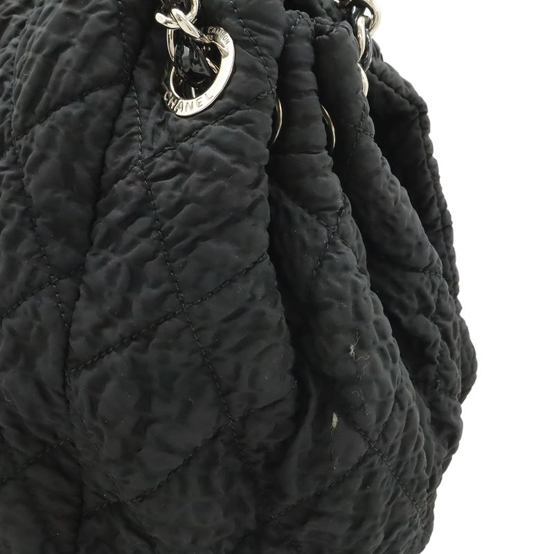 Chanel CC Logo Chain Shoulder Bag Gather Nylon Enamel Black Silver