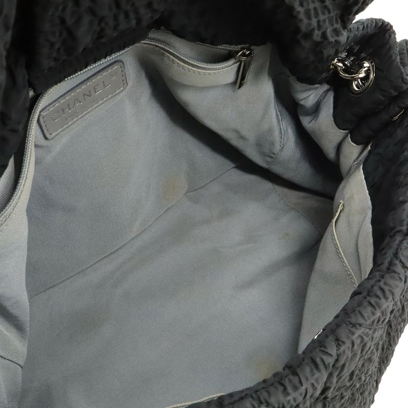 Chanel CC Logo Chain Shoulder Bag Gather Nylon Enamel Black Silver