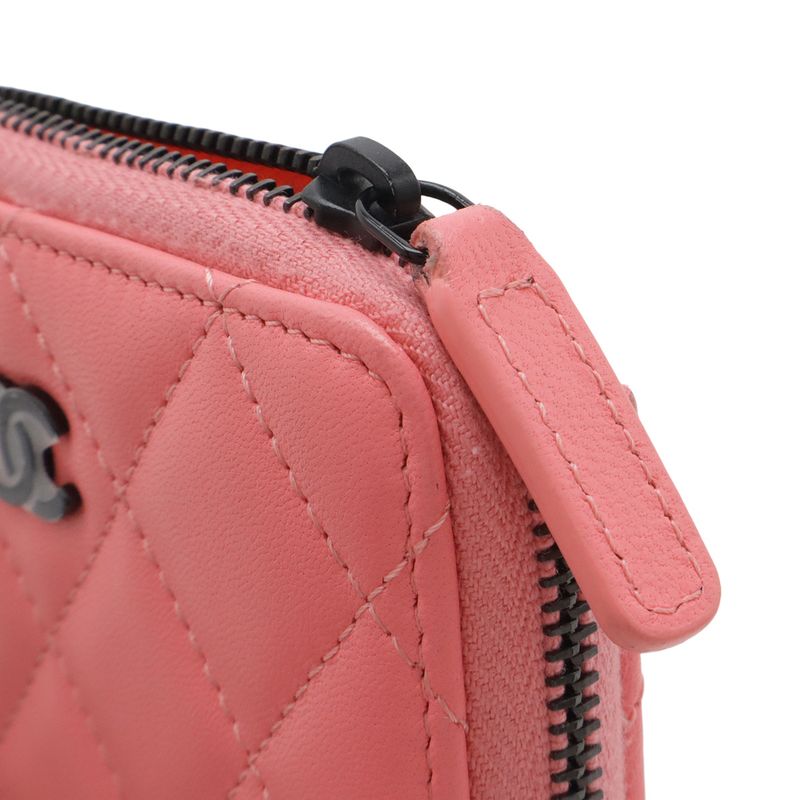 Chanel Quilted CC Logo Classic Zip Coin Purse Zip Around Leather Coral Pink