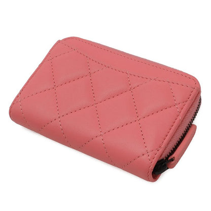 Chanel Quilted CC Logo Classic Zip Coin Purse Zip Around Leather Coral Pink