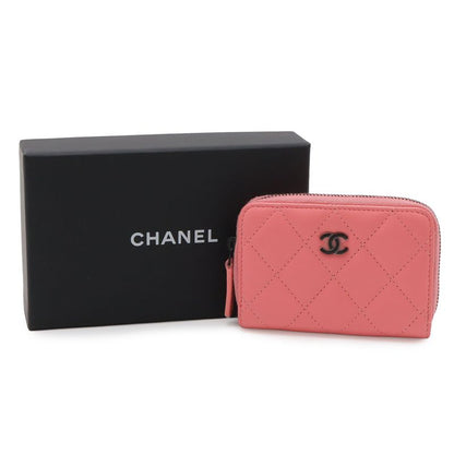 Chanel Quilted CC Logo Classic Zip Coin Purse Zip Around Leather Coral Pink