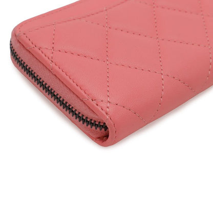 Chanel Quilted CC Logo Classic Zip Coin Purse Zip Around Leather Coral Pink