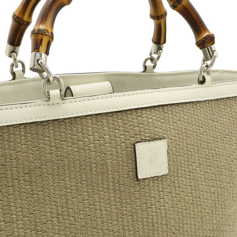Gucci Bamboo Children's Handbag Straw Leather Natural White Gold