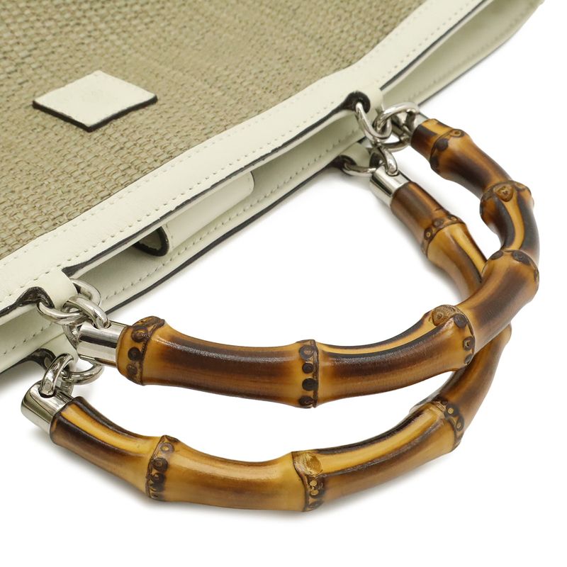 Gucci Bamboo Children's Handbag Straw Leather Natural White Gold