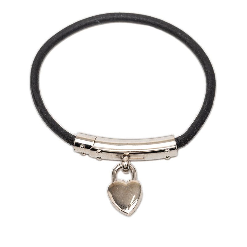Hermes Viviride Heart Cadena Bracelet Silver Black Metal Leather