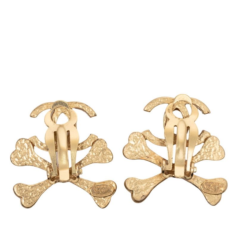 Chanel CC Logo Bone Earrings Gold Beige Plated
