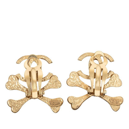 Chanel CC Logo Bone Earrings Gold Beige Plated