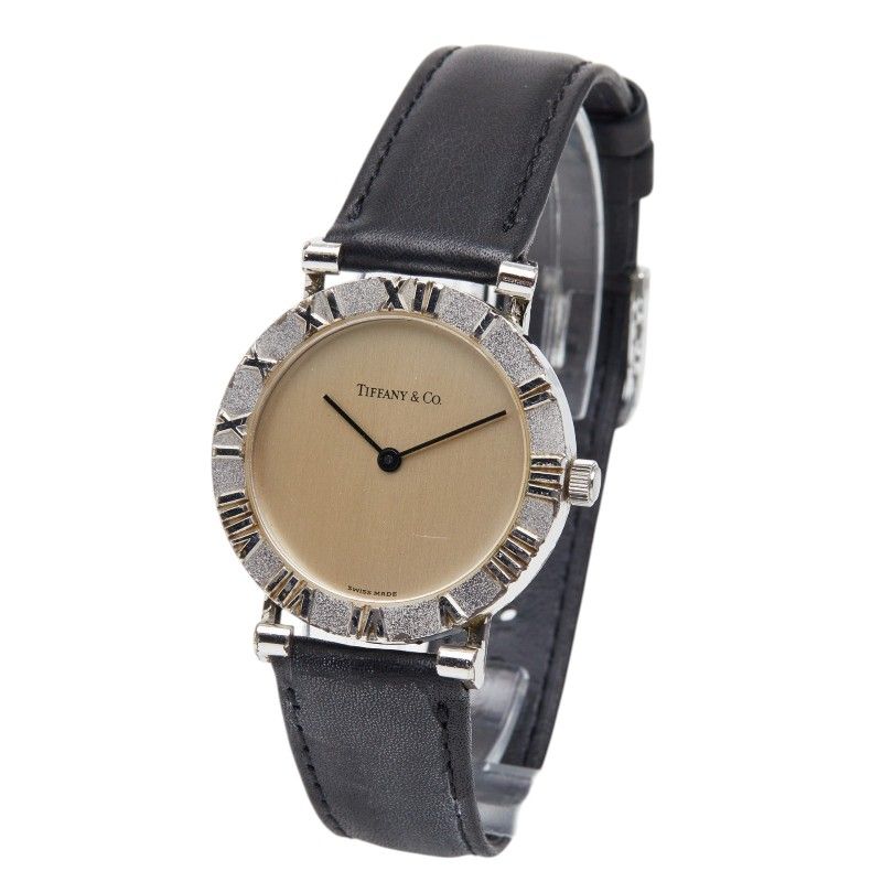 Tiffany & Co Atlas Watch Silver Black Leather