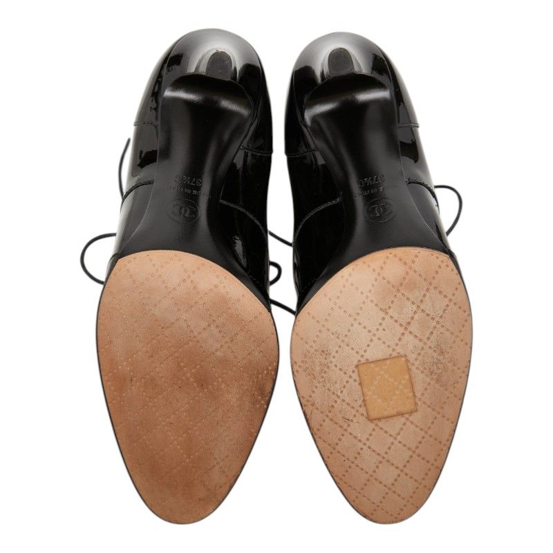 Chanel CC Logo Booties 37 1 2C Black Patent Leather Boot