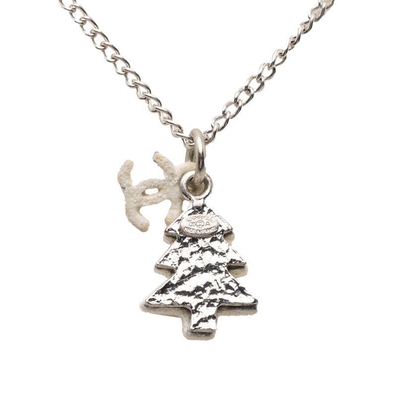 Chanel CC Logo Christmas Tree Motif Necklace Silver White Metal
