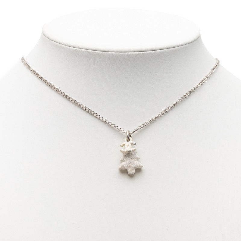 Chanel CC Logo Christmas Tree Motif Necklace Silver White Metal
