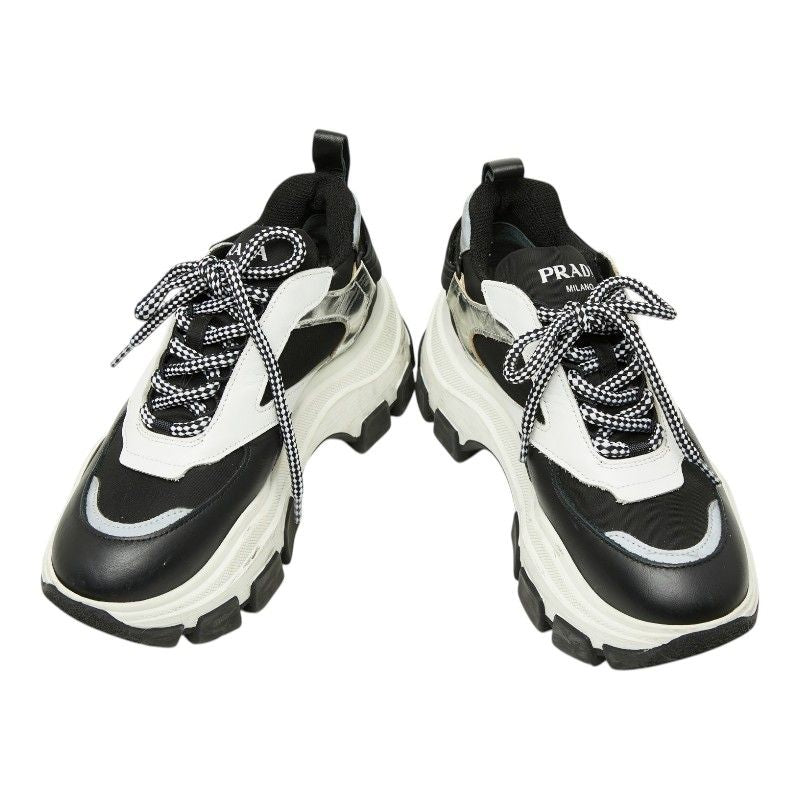Prada Pegasus High Cut Sneakers Platform Black White Silver Rubber Nylon