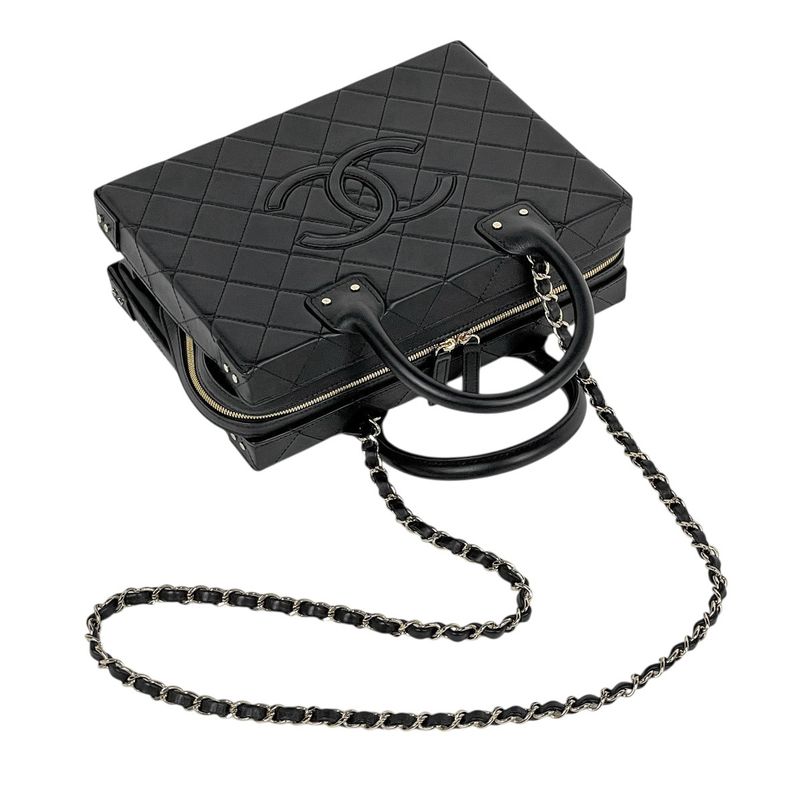 Chanel CC Logo Chain Shoulder Bag Quilted 2-Way Vanity Leather Black