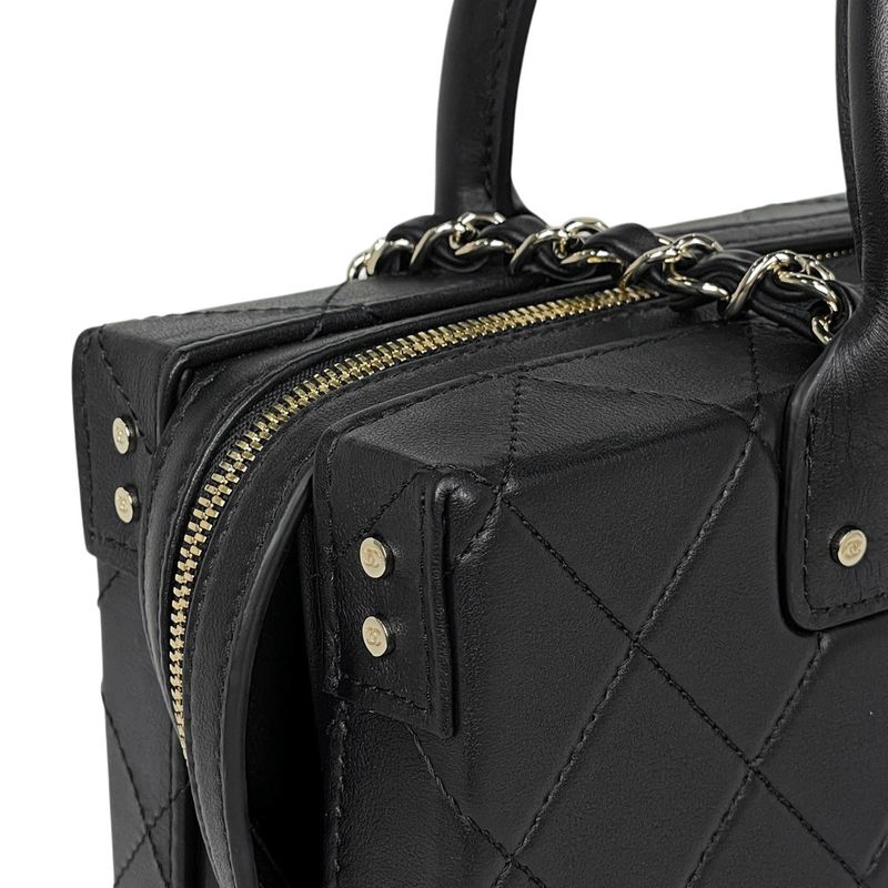 Chanel CC Logo Chain Shoulder Bag Quilted 2-Way Vanity Leather Black