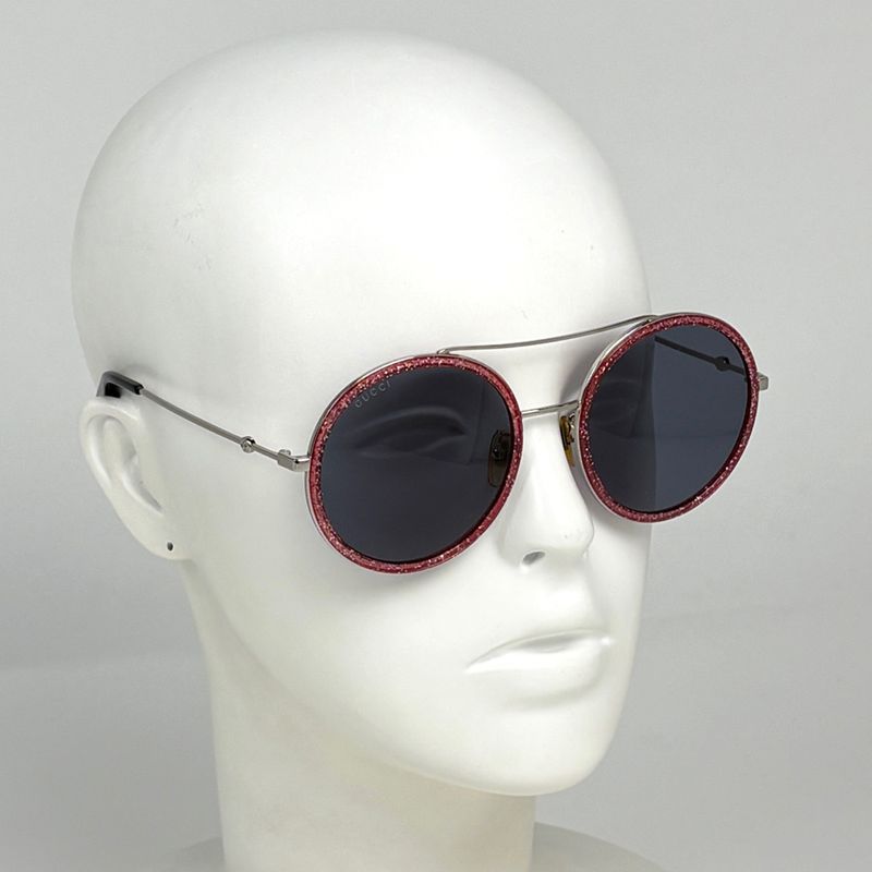 Gucci Logo Sunglasses Round Eyewear Bumblebee Metal Silver Red