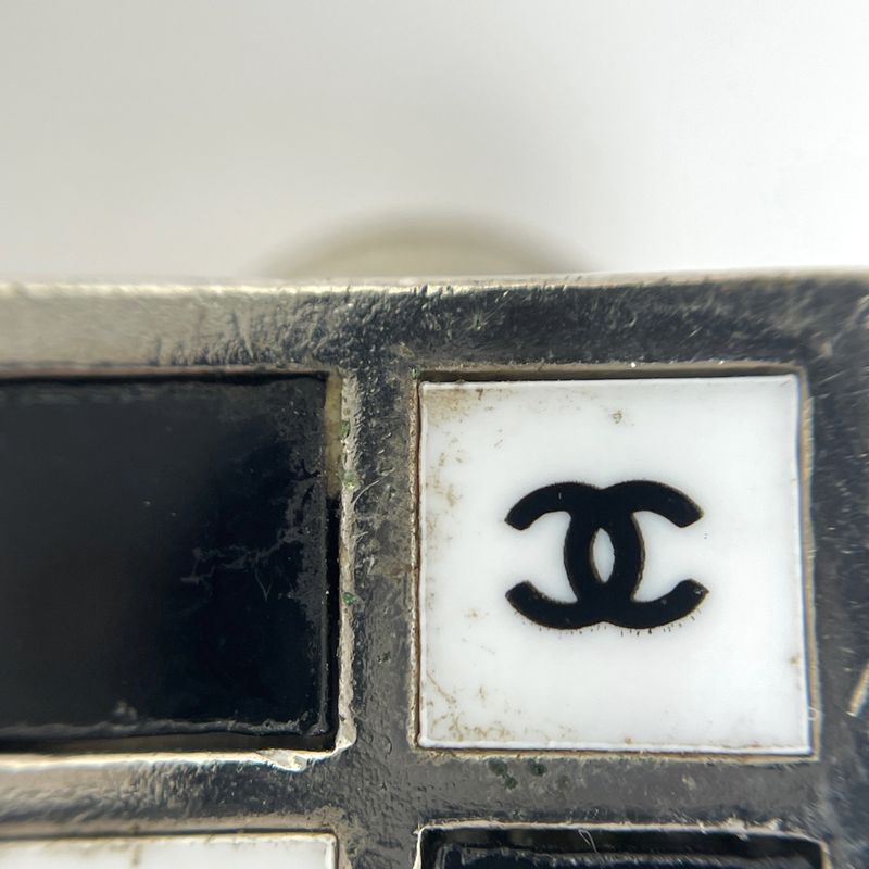 Chanel CC Logo Square Earrings Silver Plated Black White