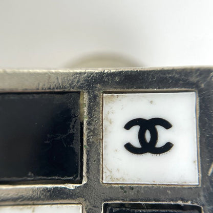 Chanel CC Logo Square Earrings Silver Plated Black White