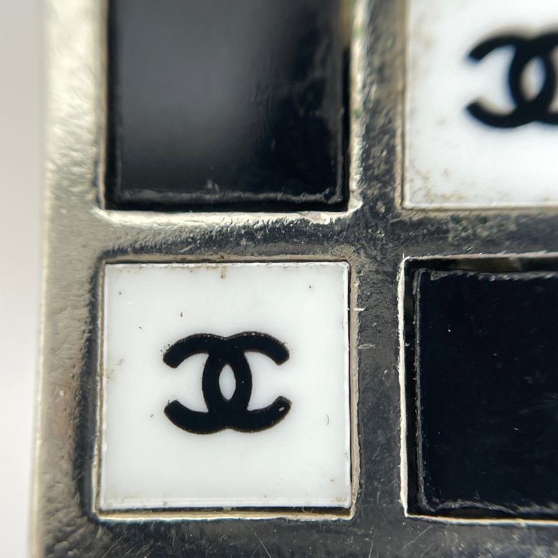 Chanel CC Logo Square Earrings Silver Plated Black White