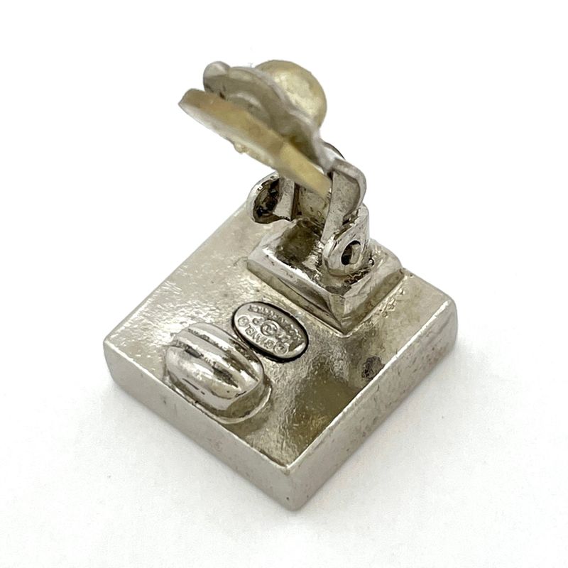 Chanel CC Logo Square Earrings Silver Plated Black White
