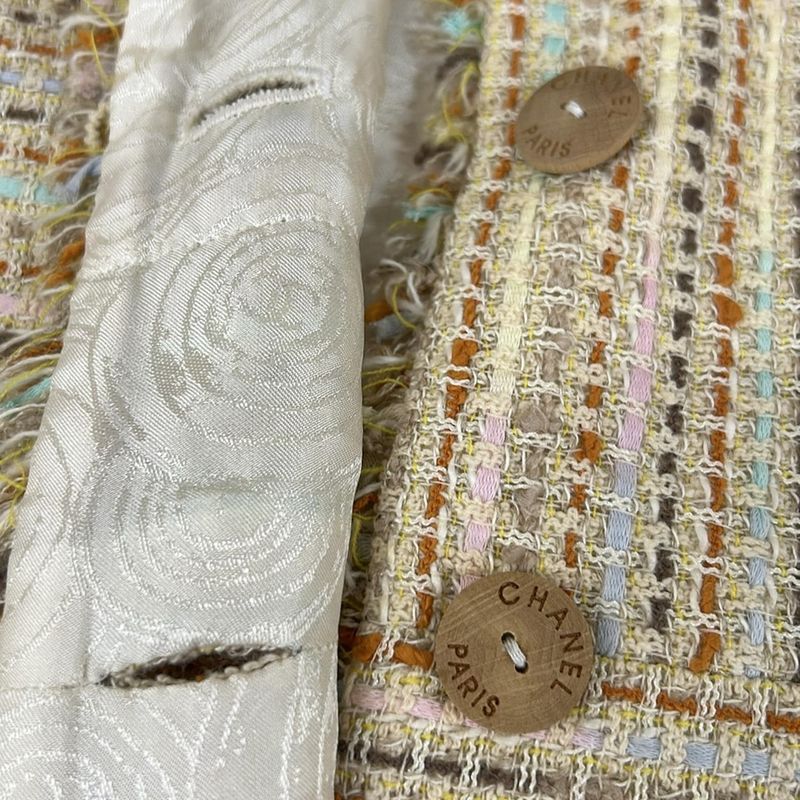 Chanel Jacket 36 S Light Yellow Orange Multi Tweed 3/4 Sleeve Cotton