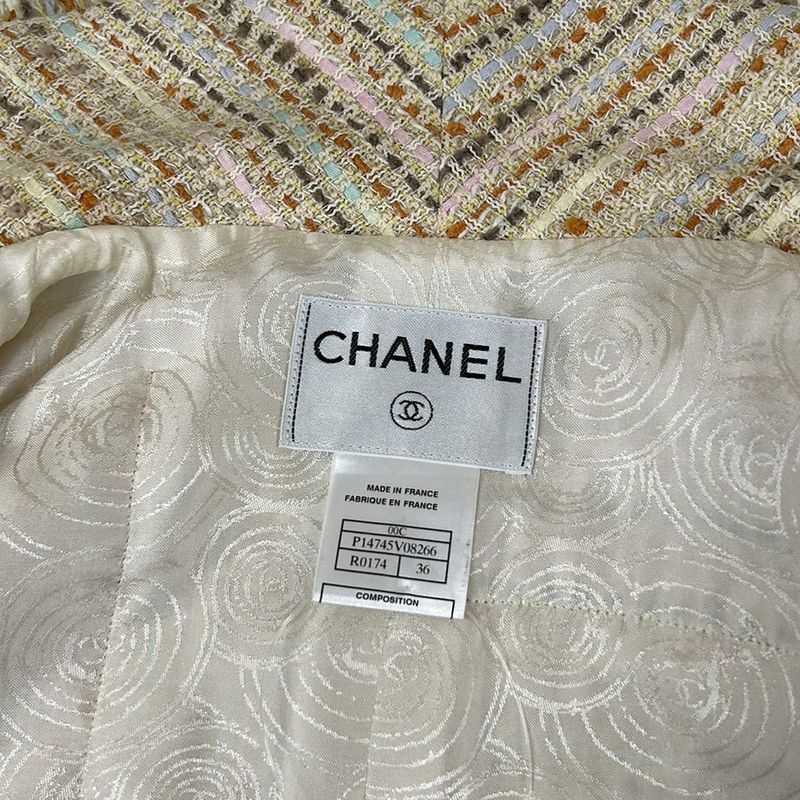 Chanel Jacket 36 S Light Yellow Orange Multi Tweed 3/4 Sleeve Cotton
