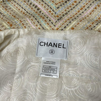 Chanel Jacket 36 S Light Yellow Orange Multi Tweed 3/4 Sleeve Cotton