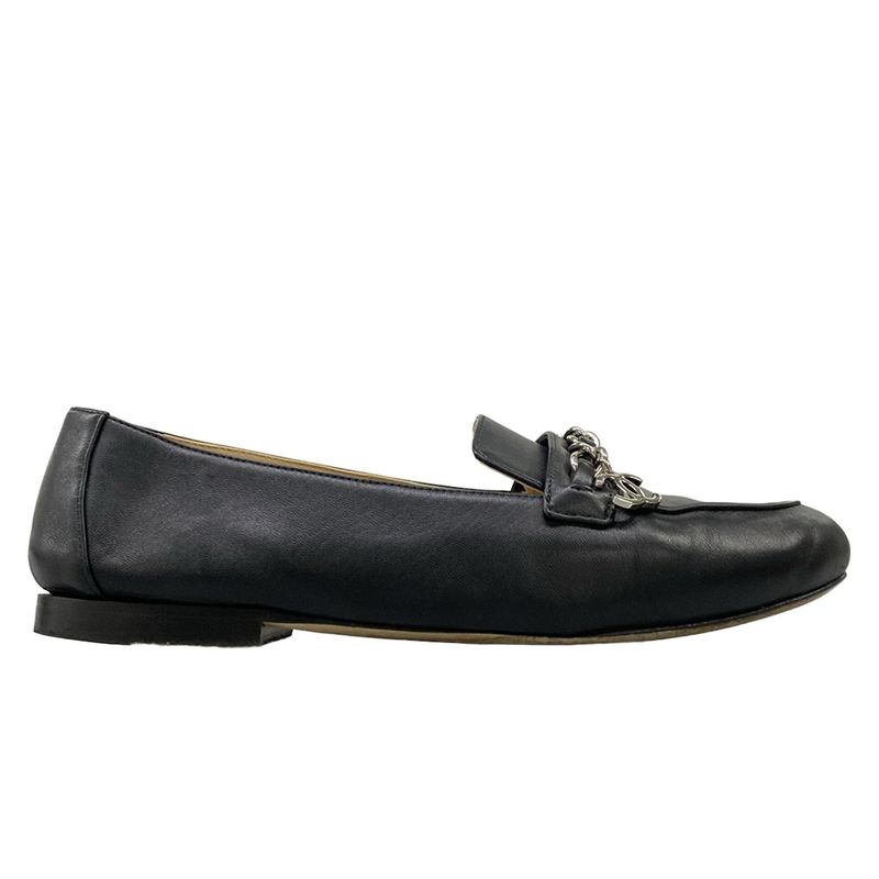 Chanel Loafers 37 C Black Chain CC Logo Silver Lambskin