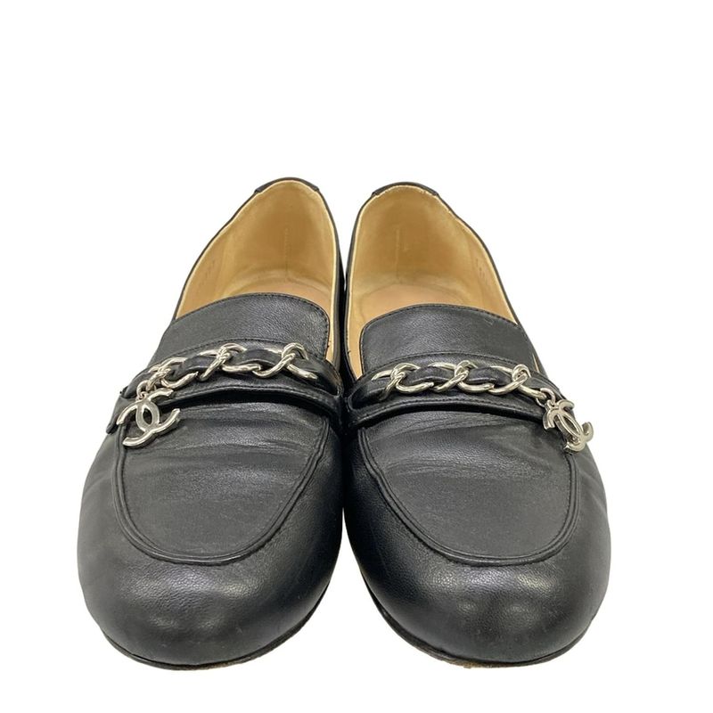Chanel Loafers 37 C Black Chain CC Logo Silver Lambskin