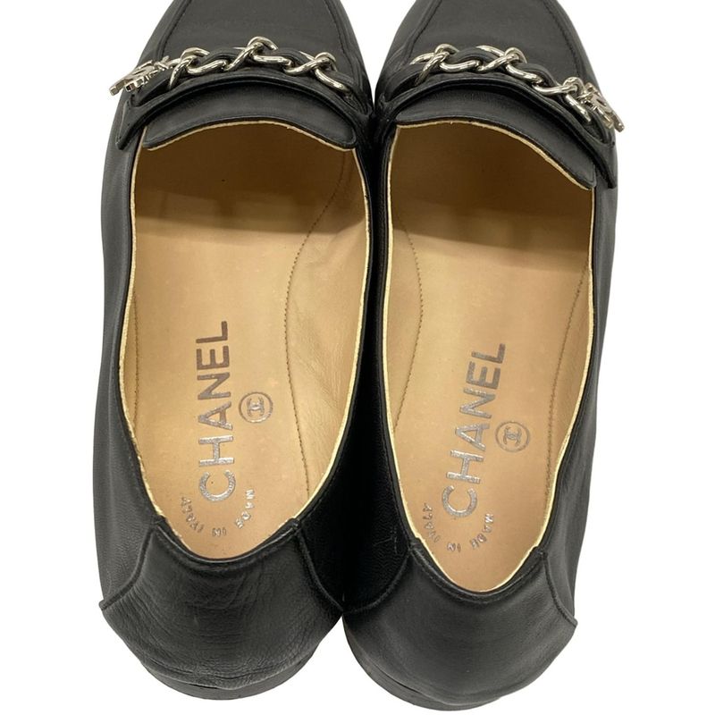 Chanel Loafers 37 C Black Chain CC Logo Silver Lambskin