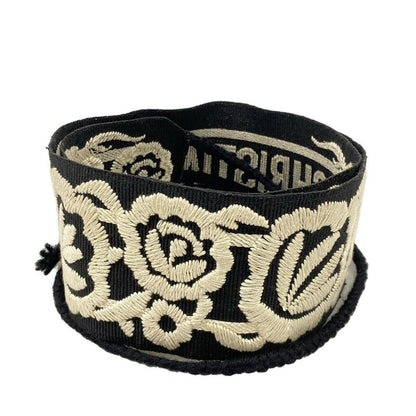 Dior Belt Black Ivory Embroidery Mexican Flower Cotton